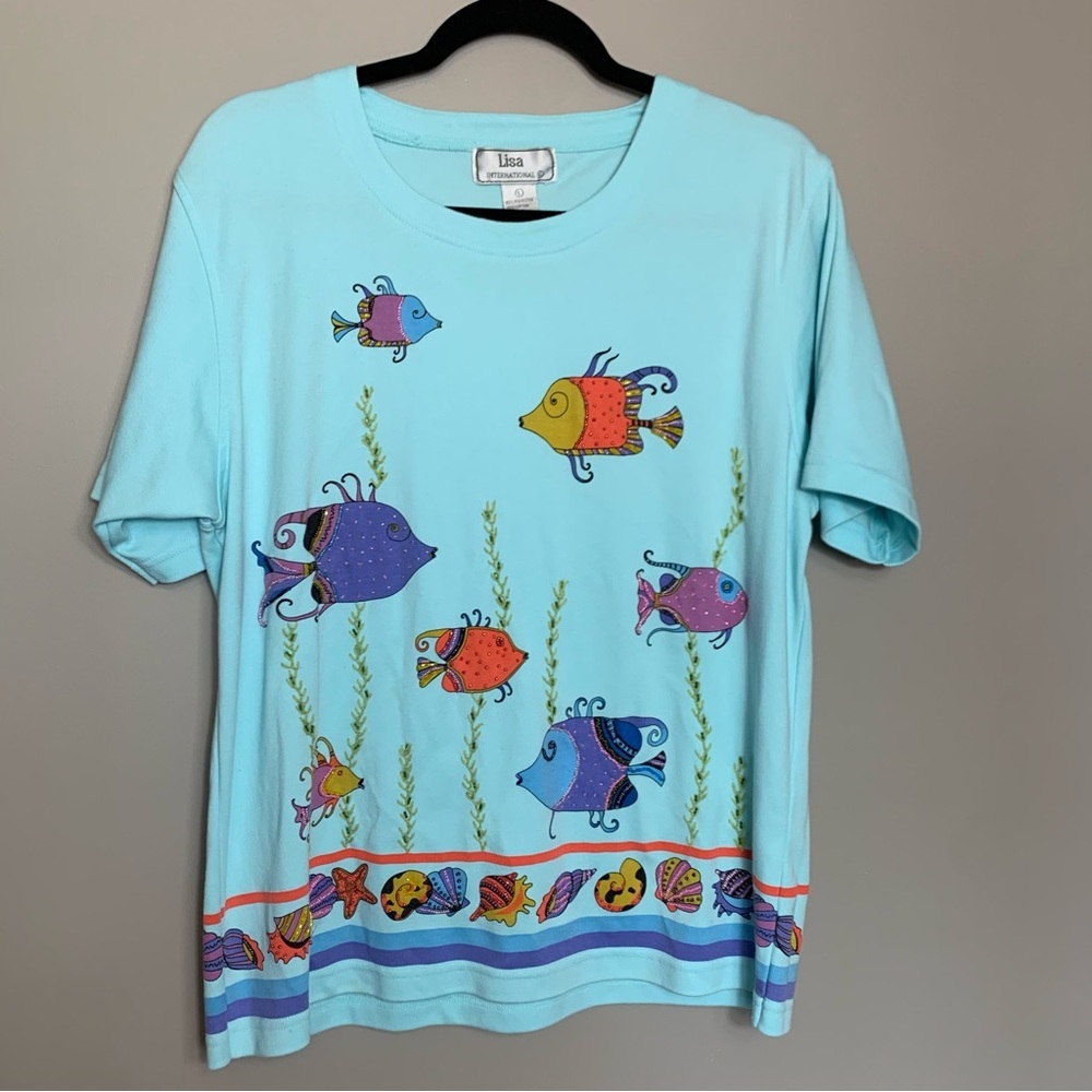 Lisa International Fish Art to Wear Beaded Top Size Large Blue Sea Life Tshirt